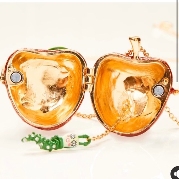 New Betsey Johnson glitter red apple and bookworm long necklace - Picture 2 of 6